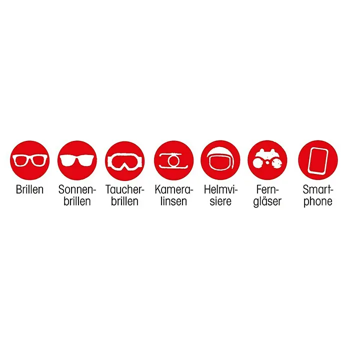 Stay Smart Brillenputztuch - 1 Stk., Grau - Icons, die verschiedene Arten von Brillen, Kameraobjektiven, einem Helm, Ferngläsern und einem Smartphone in roten Kreisen darstellen.