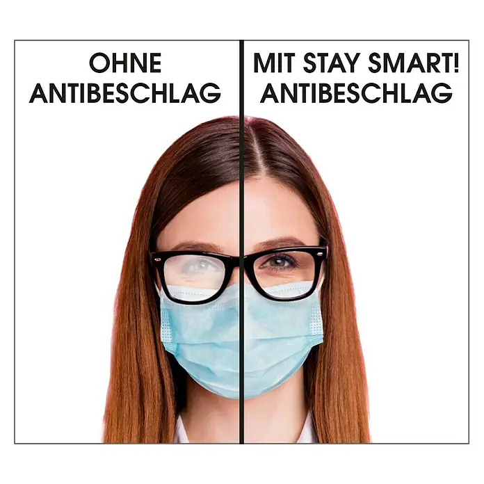 Stay Smart Brillenputztuch - 1 Stk., Grau - Antibeschlagspray-Vergleich: Links ohne, rechts mit Stay Smart! Antibeschlag für klare Sicht trotz Maske.