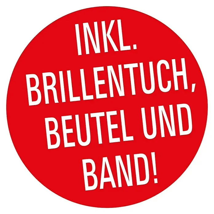 Magic Vision LED-Sonnenlesebrille - Schwarz, Vergrößerung 1: 300 % - Rote Werbe-Kreisform mit weißem Text "INKL. BRILLENTUCH, BEUTEL UND BAND!", hervorgehobene Accessoires für Brillen.