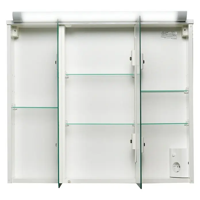Riva Spiegelschrank Fusio - B x H: 72,5 x 66 cm, Holz, Weiß - Weißer Spiegelschrank mit drei Türen und Glasablagen, beleuchtet, für Badezimmer, für die Aufbewahrung von Kosmetik und Pflegeprodukten.