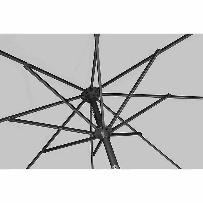 Siena Garden Marktschirm rund Avio - Stone, Durchmesser Bespannung: 300 cm - Detailaufnahme eines geöffneten Sonnenschirms mit schwarzem Gestell und hellem Stoffbezug. Das Design ist modern und funktional.