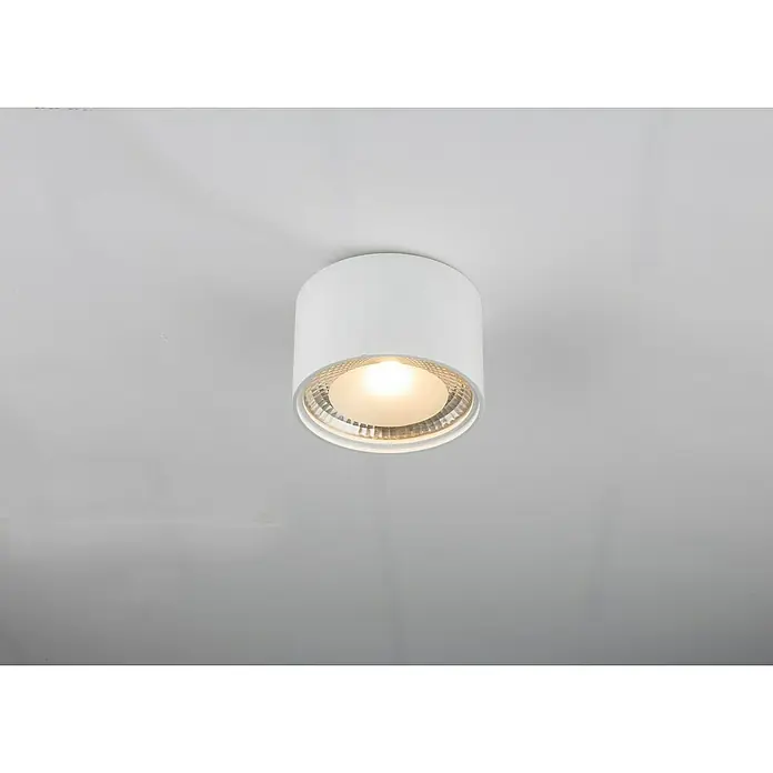 Globo LED-Deckenleuchte rund Serena - 12 W, Ø x H: 113 mm x 8 cm, Weiß, Klar, Warmweiß - Nahaufnahme einer zylindrischen, weißen Deckenleuchte mit warmem Lichtschein, die eine moderne und minimalistische Ästhetik vermittelt.