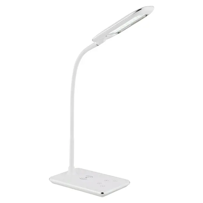 LED-Tischleuchte HEKLA - 5 W, L x B x H: 18,5 x 12,5 x 26 cm, Kaltweiß - Moderne weiße Schreibtischlampe mit LED-Beleuchtung und kabelloser Ladestation für ein aufgeräumtes Büro.