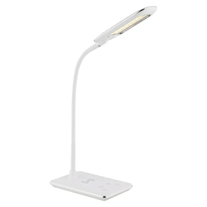 LED-Tischleuchte HEKLA - 5 W, L x B x H: 18,5 x 12,5 x 26 cm, Kaltweiß - Eine weiße LED-Schreibtischlampe mit Touch-Funktion und kabelloser Ladefunktion für Smartphones, ideal für den modernen Arbeitsplatz.