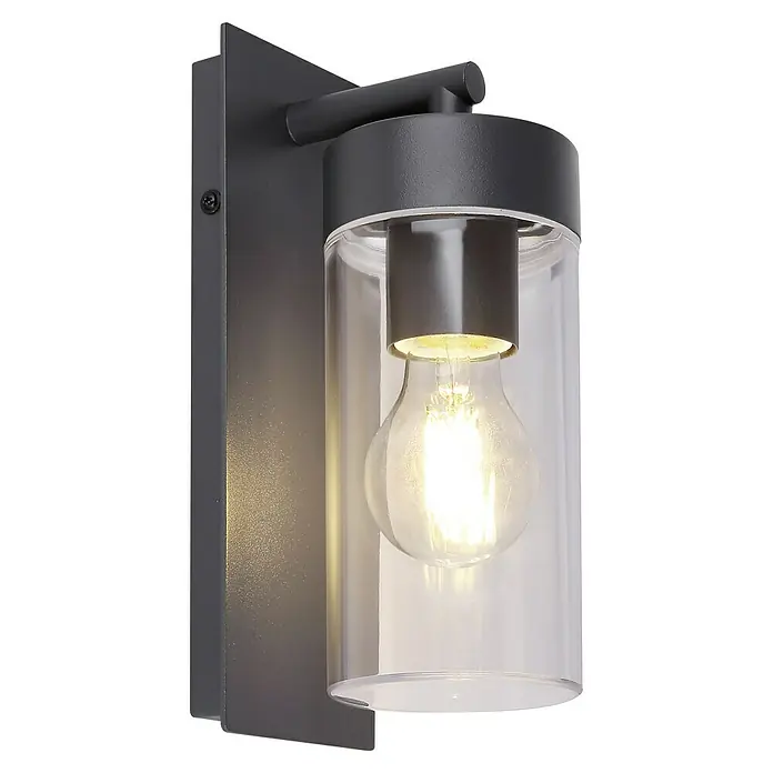 Globo LED-Außenwandleuchte Vessa - Anthrazit, Aluminium, E27, B x H: 8,9 x 25 cm - Nahaufnahme einer modernen Wandleuchte mit einer klaren Glasröhre und einer Edison-Glühbirne, die ein warmes Licht ausstrahlt.