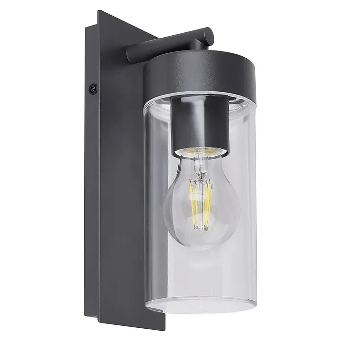 Globo LED-Außenwandleuchte Vessa - Anthrazit, Aluminium, E27, B x H: 8,9 x 25 cm - Nahaufnahme einer modernen Wandleuchte mit klarem Glasschirm und Edison-Glühbirne, ideal für stilvolle Außenbereiche.