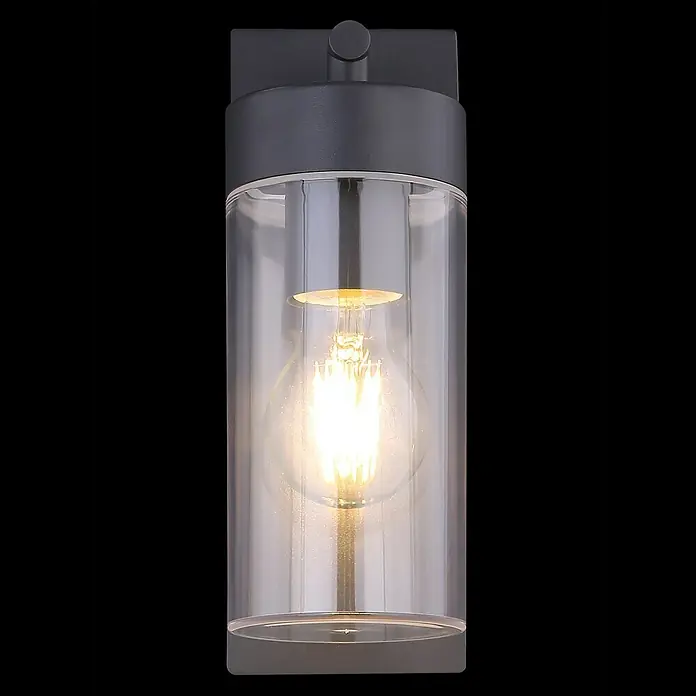 Globo LED-Außenwandleuchte Vessa - Anthrazit, Aluminium, E27, B x H: 8,9 x 25 cm - Nahaufnahme einer modernen Außenwandleuchte mit zylindrischem Klarglas, die eine warme Glühbirne umhüllt, ideal für stilvolle Beleuchtung.