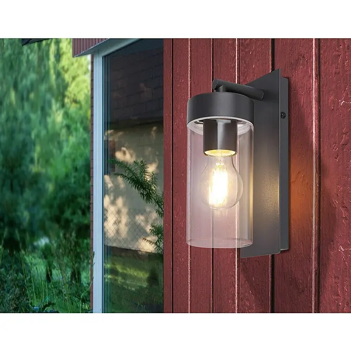Globo LED-Außenwandleuchte Vessa - Anthrazit, Aluminium, E27, B x H: 8,9 x 25 cm - Moderne Wandleuchte mit transparentem Zylinderglas und schwarzem Gehäuse, die ein warmes Licht ausstrahlt und eine stilvolle Außenbeleuchtung bietet.