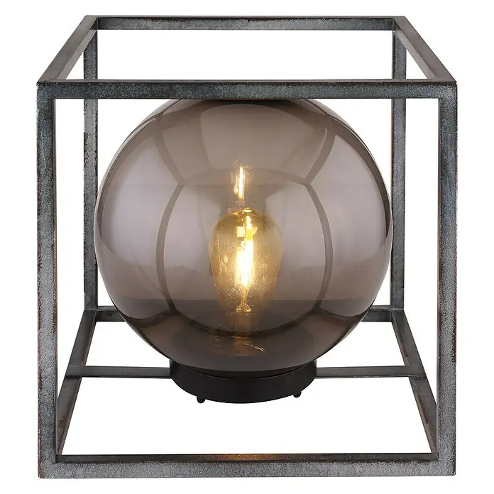 Globo Solar-Dekoleuchte Würfel - L x B x H: 30 x 30 x 30 cm, Schwarz, IP44 - Eine stilvolle Tischleuchte mit einem kugelförmigen Lampenschirm und einem industriellen Metallrahmen.