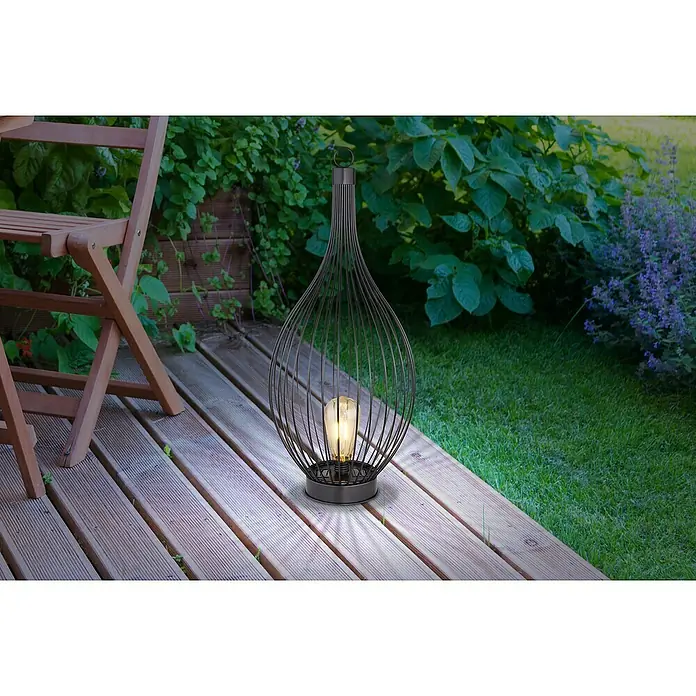 Globo Solar-Dekoleuchte - 0,06 W, Schwarz, Amber, IP44 - Stimmungsvolle Gartenlaterne: Dekorative Leuchte mit filigranem Metallkäfig und warmem Glühbirnenlicht für gemütliche Abende im Freien.