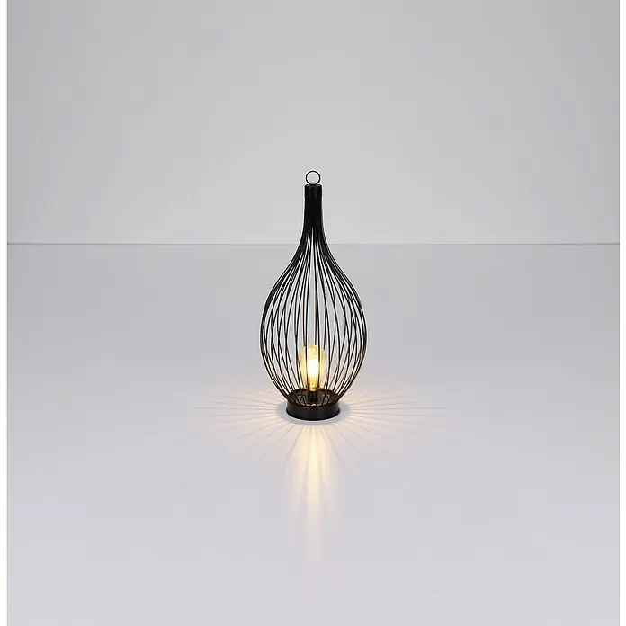 Globo Solar-Dekoleuchte - 0,06 W, Schwarz, Amber, IP44 - Elegante schwarze Draht-Tischleuchte mit warmem Lichtschein, die eine stimmungsvolle Atmosphäre erzeugt.