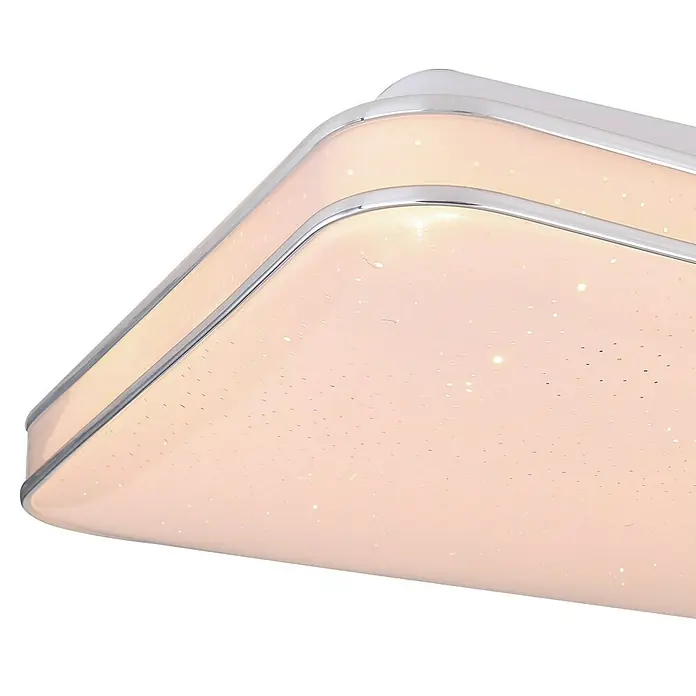 Globo LED-Deckenleuchte Lassy - 24 W, L x B x H: 33,5 x 33,5 x 7,3 cm, Weiß, Opal, Warmweiß - Nahaufnahme einer modernen, quadratischen LED-Deckenleuchte mit Chromrand und Sternenmuster, die eine elegante und helle Beleuchtung bietet.