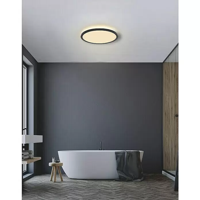 Globo LED-Deckenleuchte rund - 24 W, Ø x H: 420 mm x 2,5 cm, Schwarz, Warmweiß - Runde Deckenleuchte mit schwarzem Rand, spendet warmes Licht in einem modernen Badezimmer.