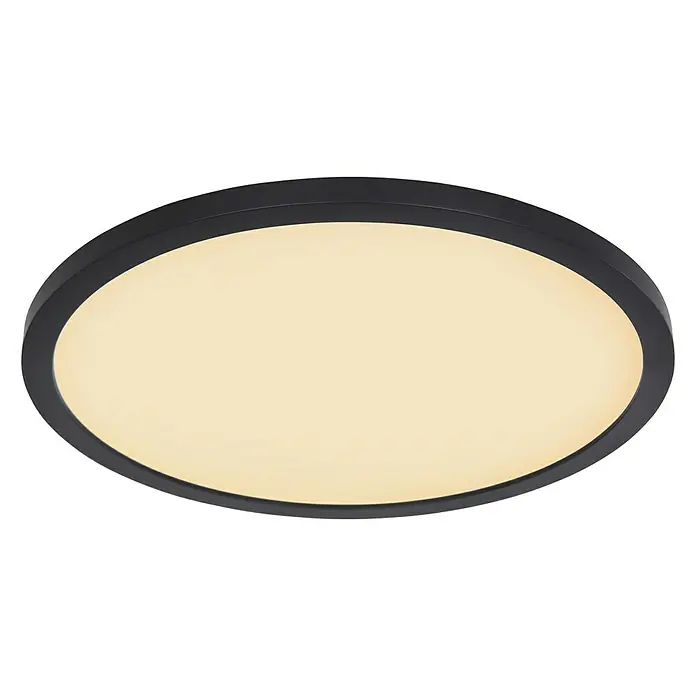 Globo LED-Deckenleuchte rund - 24 W, Ø x H: 420 mm x 2,5 cm, Schwarz, Warmweiß - Eine flache, runde LED-Deckenleuchte mit einem schwarzen Rahmen und einem warmweißen Licht. Perfekt für moderne Innenräume.