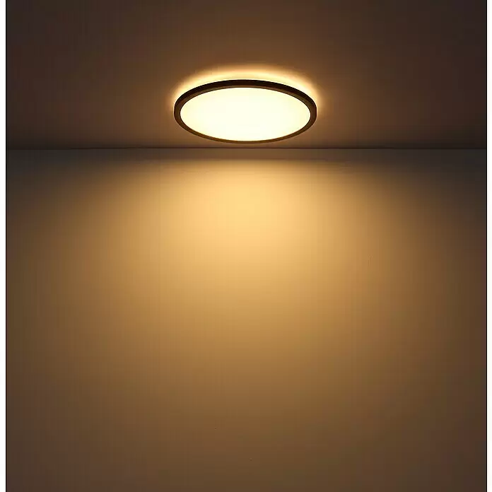 Globo LED-Deckenleuchte rund - 24 W, Ø x H: 420 mm x 2,5 cm, Schwarz, Warmweiß - Runde Deckenleuchte mit dunklem Rand, die eine Wand warm beleuchtet.