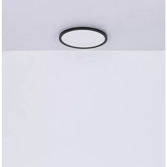Globo LED-Deckenleuchte rund - 24 W, Ø x H: 420 mm x 2,5 cm, Schwarz, Warmweiß - Eine runde, schwarz gerahmte LED-Deckenleuchte zur Aufputzmontage mit weißem Diffusor.