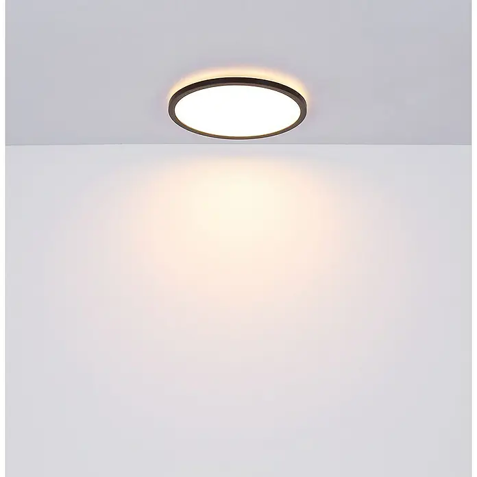 Globo LED-Deckenleuchte rund - 24 W, Ø x H: 420 mm x 2,5 cm, Schwarz, Warmweiß - Diese Aufnahme zeigt eine moderne, runde Deckenleuchte mit dunklem Rahmen, die ein warmes, angenehmes Licht in einem Raum verbreitet.