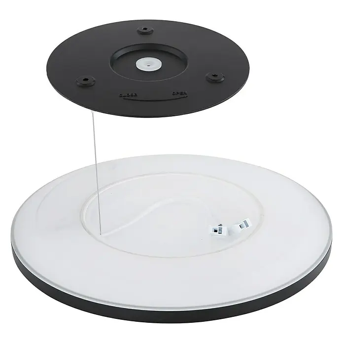 Globo LED-Deckenleuchte rund - 24 W, Ø x H: 420 mm x 2,5 cm, Schwarz, Warmweiß - Explosionsansicht einer runden LED-Deckenleuchte mit schwarzer Rückseite und weißem Diffusor, die Design und Funktionalität vereint.
