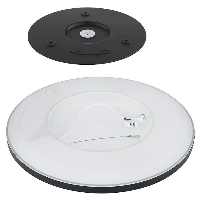Globo LED-Deckenleuchte rund - 24 W, Ø x H: 420 mm x 2,5 cm, Schwarz, Warmweiß - Die zerlegte LED-Deckenleuchte mit runder Form zeigt die einzelnen Komponenten und ihre Montage.