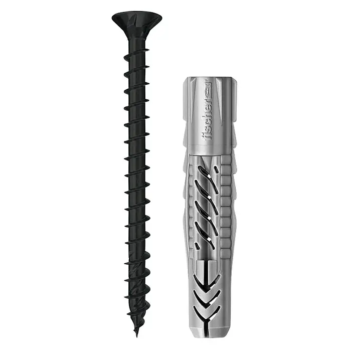 Walteco Rusticline Schrauben-Set - Schraubenset incl. Dübel - Das Bild zeigt eine fischer DuoSeal-Schraube und einen Dübel. Ideal für wasserdichte Befestigungen in Nassbereichen, robust und zuverlässig.