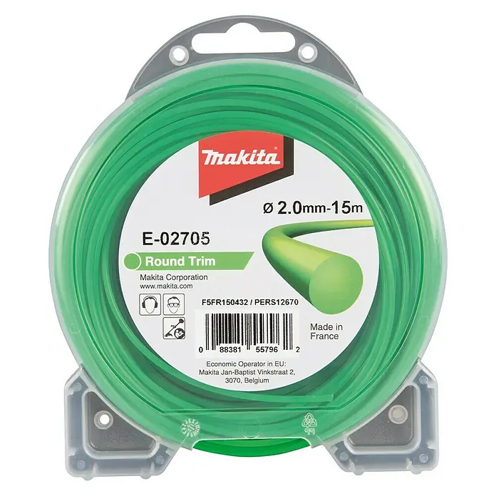 Makita Ersatzfaden - Fadenlänge: 15 m, Fadenstärke: 2 mm, Passend für: Makita Akku-Freischneider UR002GZ01 - Makita E-02705 Trimmerfaden, 2,0 mm Durchmesser und 15 m Länge, für präzise Rasenkantenschnitte.