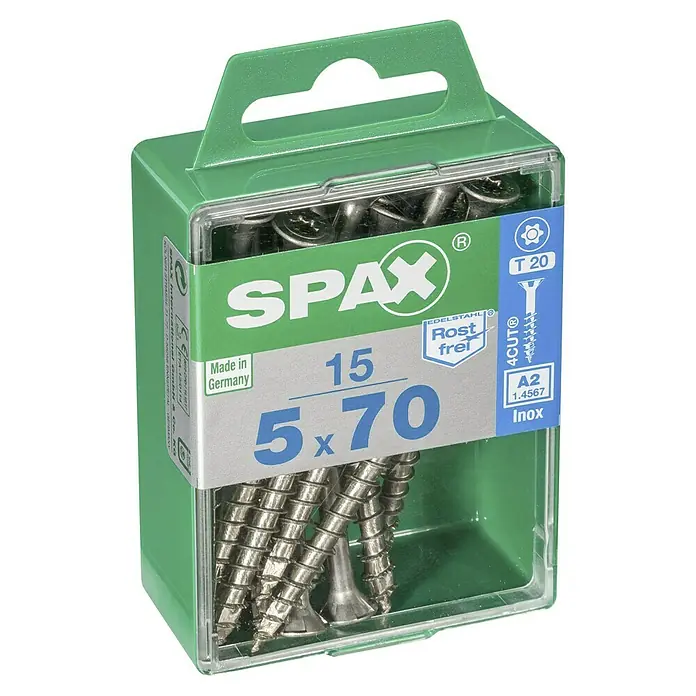 Spax T-Star plus Tornillo avellanado - Ø x L: 5 x 70 mm, Acero inoxidable, 15 ud., Rosca parcial - Una caja verde de tornillos Spax llena de 15 tornillos de acero inoxidable, tamaño 5x70, ideal para uso en exteriores debido a sus propiedades antioxidantes.