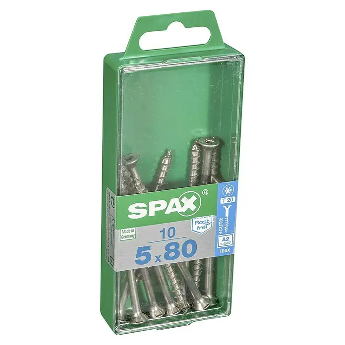 Spax T-Star plus Tornillo avellanado - Ø x L: 5 x 80 mm, Acero inoxidable, 10 ud., Rosca parcial - Un paquete de tornillos SPAX de 5x80 mm, inoxidables, con cabeza Torx T20, ideales para proyectos de carpintería. Fabricados en Alemania.