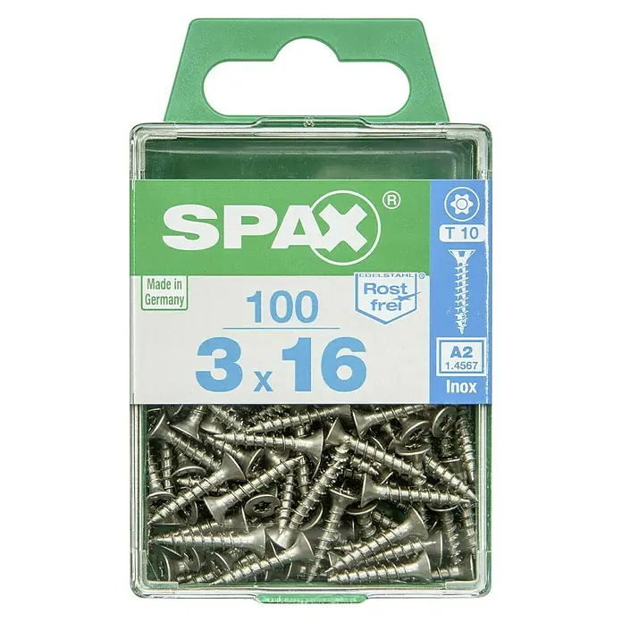 Spax T-Star plus Tornillo avellanado - Ø x L: 3 x 16 mm, Acero inoxidable, 100 ud., Rosca completa - Caja de 100 tornillos Spax de acero inoxidable avellanados, tamaño 3x16 mm, ideales para conexiones de madera interiores y exteriores.