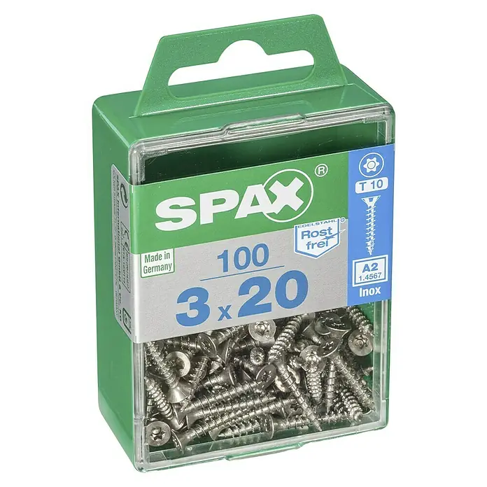 Spax T-Star plus Tornillo avellanado - Ø x L: 3 x 20 mm, Acero inoxidable, 100 ud., Rosca completa - Paquete de tornillos universales Spax 3x20 mm con cabeza avellanada, accionamiento T-STAR plus, fabricados en acero inoxidable A2 para múltiples aplicaciones.