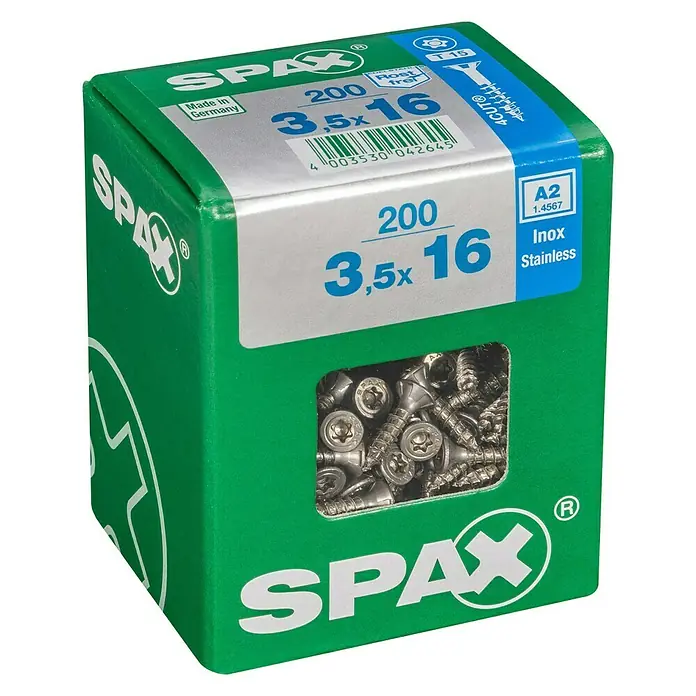 Spax T-Star plus Tornillo avellanado - Ø x L: 3,5 x 16 mm, Acero inoxidable, 200 ud., Rosca completa - Una caja verde de tornillos Spax que contiene 200 tornillos de acero inoxidable para madera, tamaño 3,5 x 16 mm, ideal para proyectos.
