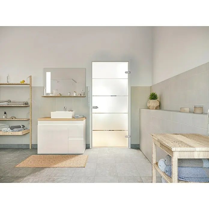 Diamond Doors Glasdrehtür Jubidoor 6.0 - 834 x 1.972 mm, DIN Rechts, Einscheibensicherheitsglas (ESG) - Ein modernes Badezimmer mit einer stilvollen Duschtür, die durch ihr Design und die hochwertige Verarbeitung besticht.