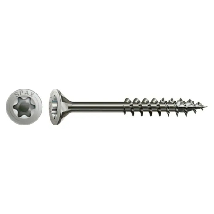 Spax T-Star plus Tornillo avellanado - Ø x L: 5 x 80 mm, Acero inoxidable, 10 ud., Rosca parcial - Imagen detallada de un tornillo para madera Spax con cabeza avellanada y accionamiento Torx, ideal para construcciones de madera y bricolaje.