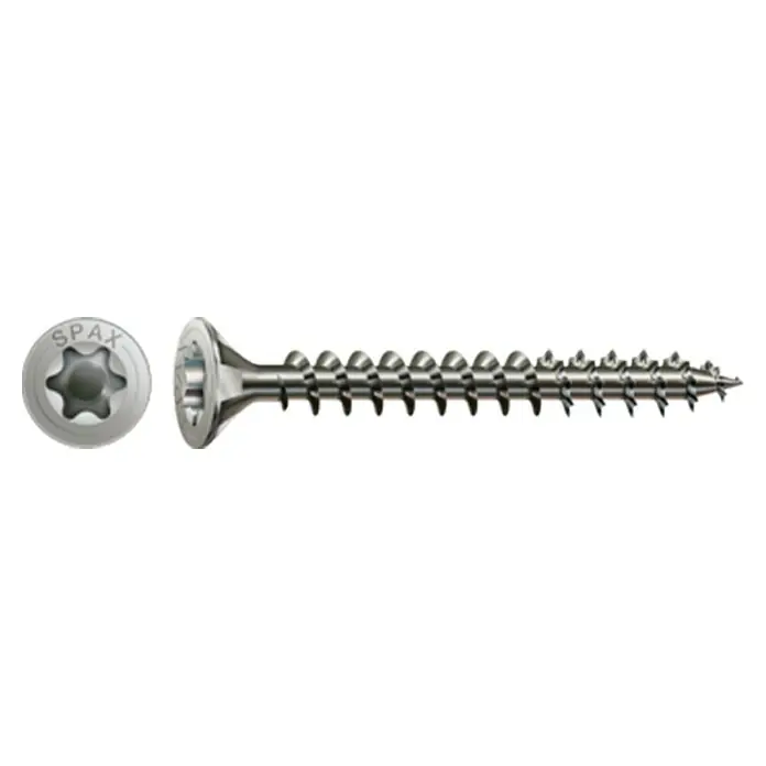 Spax T-Star plus Tornillo avellanado - Ø x L: 3 x 20 mm, Acero inoxidable, 100 ud., Rosca completa - Primer plano de un tornillo SPAX para madera con cabeza avellanada y perfil ondulado, ideal para conexiones de madera. Perfecto para aficionados y profesionales.