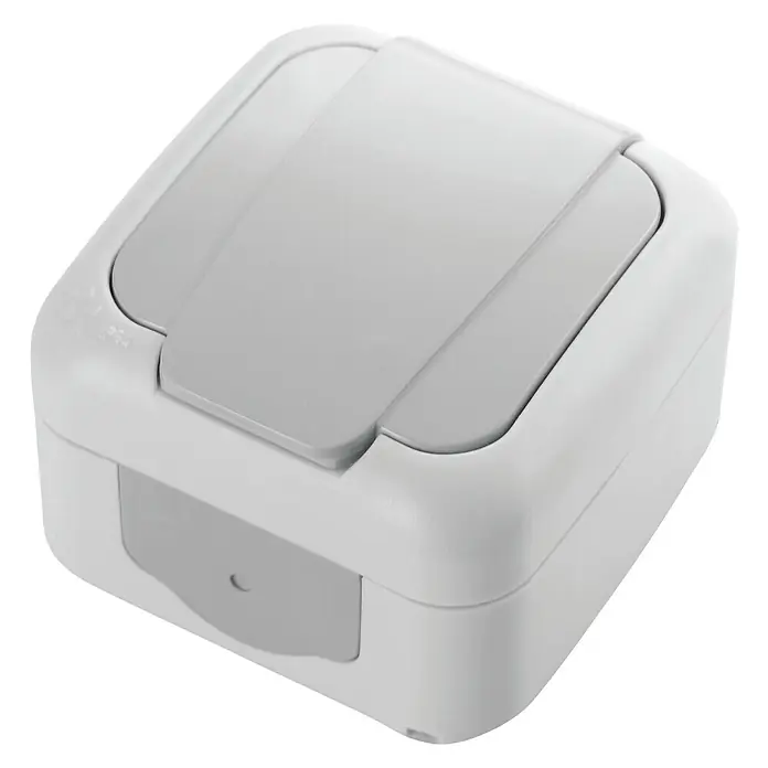 Siemens Delta IP54 Feuchtraum-Steckdose SIE028660 - 1-fach, IP54, Grau - Ein weißer Feuchttuchspender mit grauem Deckel und Einsatz, ideal für unterwegs oder zu Hause, um Feuchttücher sauber und griffbereit zu halten.