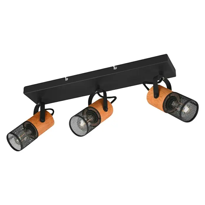 Trio Lighting Regleta Tosh - 40 W, L x An x Al: 9 x 44 x 19 cm, Negro, E14 - Lámpara de techo con tres focos, aspecto de madera y diseño de rejilla negra. Proporciona una iluminación elegante en cualquier habitación.