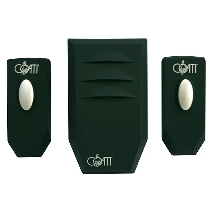 Coati Timbre para puerta Portátil y pulsadores - Negro - Conjunto de alarma antirrobo COATI: El conjunto incluye un receptor con tres ranuras y dos transmisores, cada uno con un botón y el logotipo COATI.