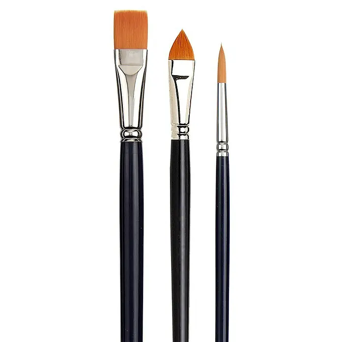 Talens Van Gogh Set de pinceles de cerdas GOC/GAC 294-95-96 - 3 pzs. - Tres pinceles con cerdas marrones y mangos azules para diversas técnicas de pintura.