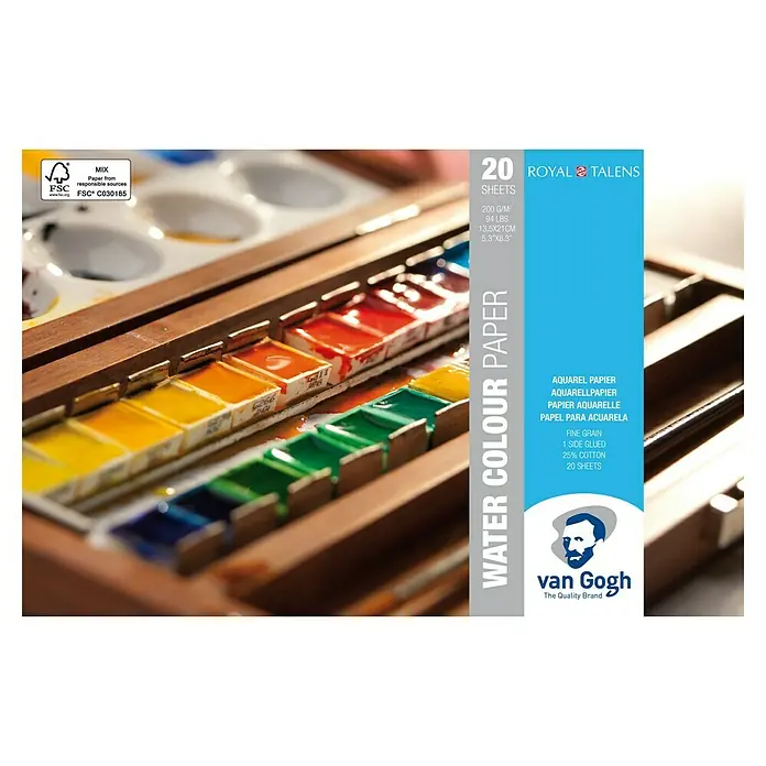 Talens Van Gogh Bloc de papel para acuarela - 21 x 13,5 cm, 200 g/m² - Bloc de papel de acuarela Van Gogh con 20 hojas, ideal para pintura de acuarela con grano fino y 25% algodón.