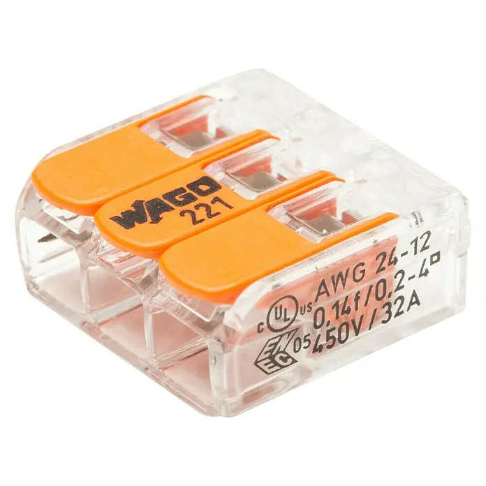 Wago Conector rápido - 450 V, 32 A, 50 ud., 3 entradas - Conector Wago 221 para conexiones eléctricas, soporta 24-12 AWG, transparente, compacto para tensiones hasta 450V/32A.
