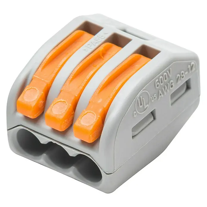 Wago Conector rápido - 400 V, 32 A, 50 ud., 3 entradas - Conector Wago triple con palancas naranjas para conexiones de cables rápidas y seguras. Ideal para instalaciones eléctricas hasta 600V.