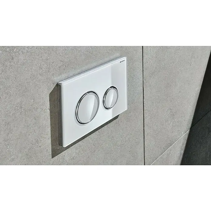 Geberit Betätigungsplatte Sigma 21 - 115.884.SI.1 - Weiß, 2-Mengen-Spülung - Nahaufnahme einer Geberit Betätigungsplatte, ein elegantes und modernes Element für jedes Badezimmerdesign mit zwei Tasten.