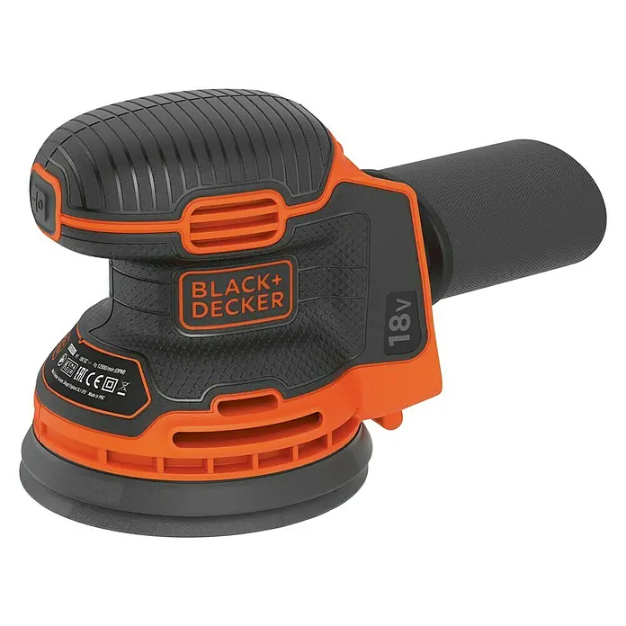 Black+Decker 18V PowerConnect Lijadora excéntrica de batería BDCROS18N-XJ - 18 V, Iones de litio, Sin batería, 125 mm - Una lijadora orbital aleatoria Black+Decker 18V en negro y naranja. Ideal para lijar madera y otros materiales.