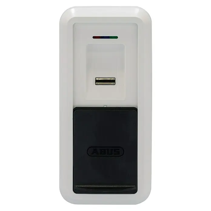 Abus HomeTec Pro Fingerabdruck Lesegerät CFS3100W - L x B x H: 29 x 67 x 143 mm, Weiß - Das Bild zeigt eine ABUS-Alarmanlagenkomponente in Weiß und Schwarz, die ein modernes und schlichtes Design für erhöhte Sicherheit bietet.