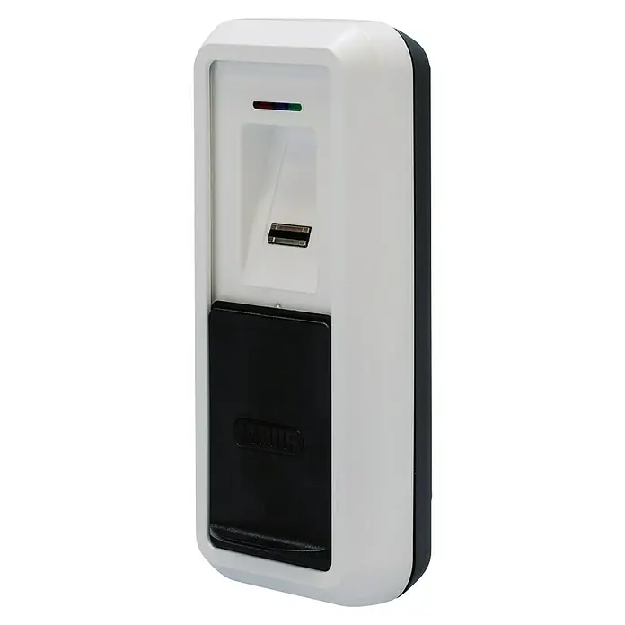 Abus HomeTec Pro Fingerabdruck Lesegerät CFS3100W - L x B x H: 29 x 67 x 143 mm, Weiß - Nahaufnahme eines ABUS-Fingerabdruckscanners für biometrische Zutrittskontrolle, ideal für moderne Sicherheitssysteme.