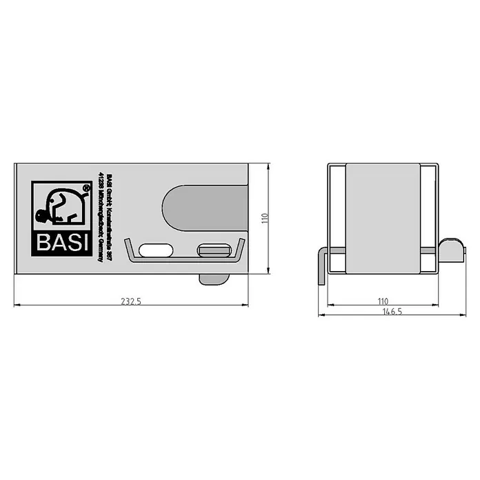 Basi Diebstahlsicherung KFZ 114 - Aluminium, Verzinkt - Produktansicht des BASI Briefkastenschlosses mit technischen Zeichnungen und Maßangaben für Montagezwecke.