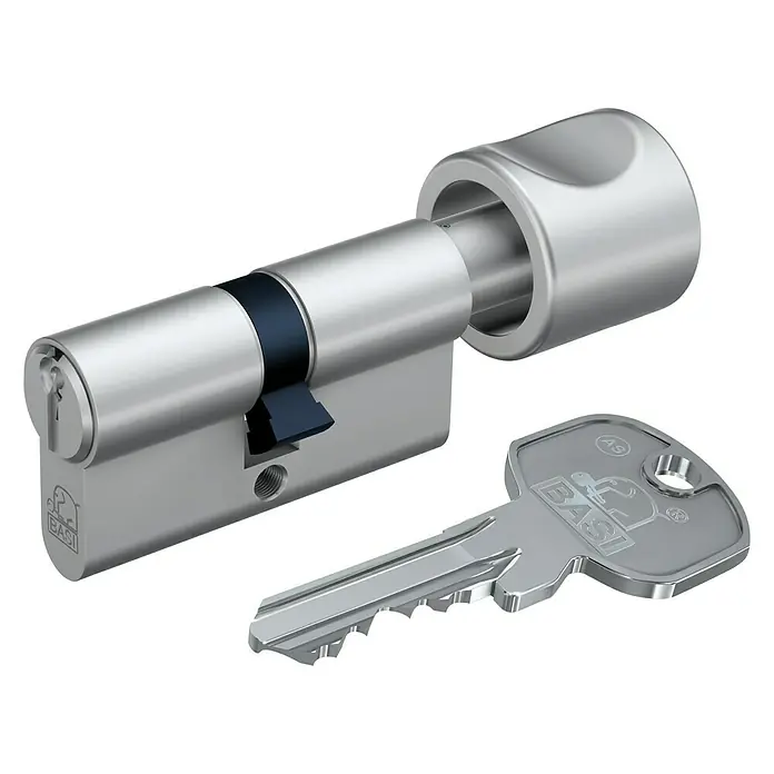 Basi Knaufzylinder AS - Baulänge innen: 30 mm, Baulänge außen: 50 mm, Anzahl Schlüssel: 3 Stk., Profilschlüssel - Ein BASI-Doppelzylinder mit Schlüssel ist abgebildet, ideal für erhöhte Sicherheit und zuverlässigen Schutz Ihrer Türen.