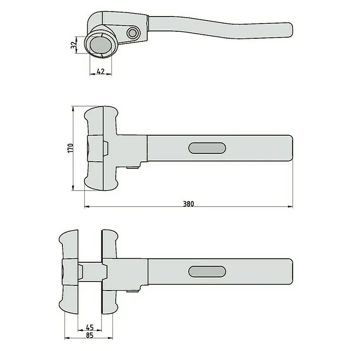 Basi Lenkradsperre KFZ 103 - Stahl, Länge: 380 mm - Abbildung eines Türgriff-Designs mit verschiedenen Ansichten und Maßangaben für technische Details.
