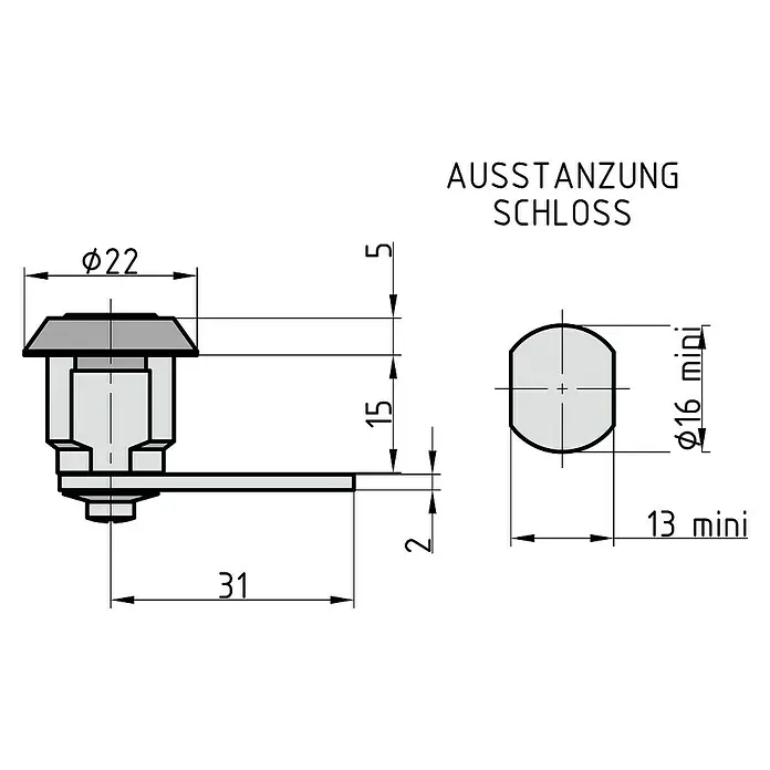 Basi Universalzylinder HS 312 - Passend für: Universal - Burg - Technische Zeichnung eines Schlosses mit Angabe der Abmessungen für die Ausstanzung.