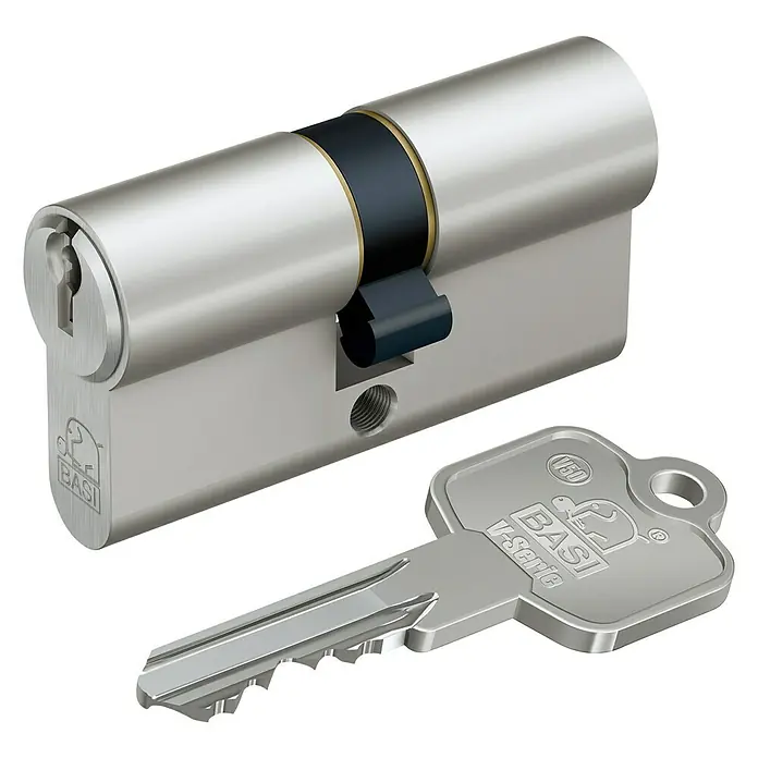 Basi Profilzylinder V50Baulänge innen: 27 mm, Baulänge außen: 35 mm, Material Zylinder: Messing, Profilschlüssel - Abbildung eines BASI-Profilzylinders mit Schlüssel, ideal für erhöhte Sicherheit. Hochwertige Verarbeitung für zuverlässigen Schutz.
