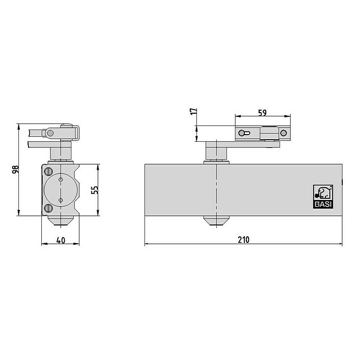 Basi Türschließer TS 200L x B x H: 210 x 40 x 50 mm, Silber Sketch